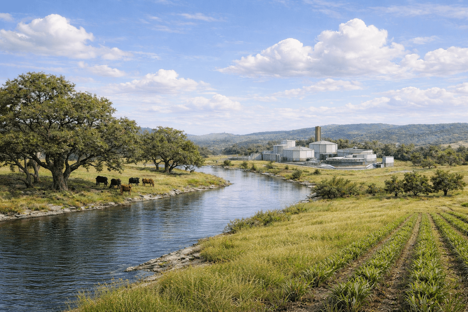 Illustrated Texas water infrastructure and environmental recovery scene
